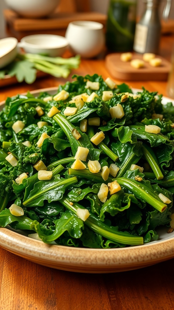 A plate of sautéed kale greens with garlic and onion, served in a rustic bowl on a wooden table.